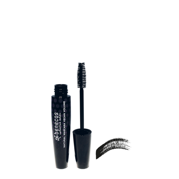Open tube of black mascara with applicator.