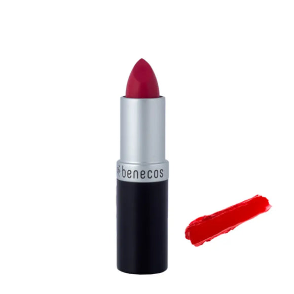 Silver and black lipstick tube with bright red color.