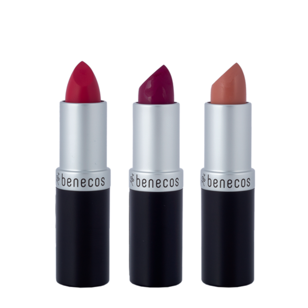 benecos natural makeup matte lipsticks. Three colours displayed