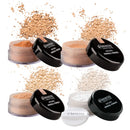 Loose mineral powder makeup containers with black lids and scattered powder samples.