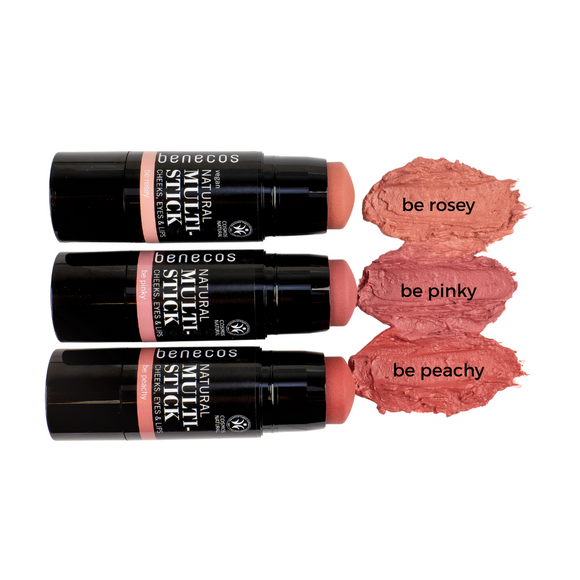 Three multi-stick makeup products with color swatches.