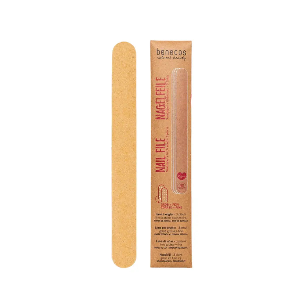 Peach-colored nail file with its retail packaging box.