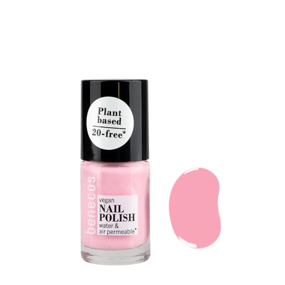 Pink plant-based nail polish bottle with a black cap.