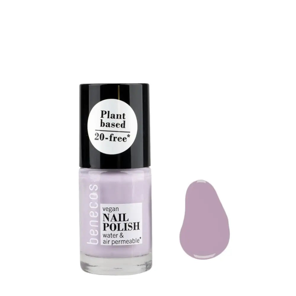 Bottle of light purple plant-based nail polish with a black cap.