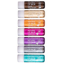 Collection of colorful natural lip balm tubes arranged vertically.