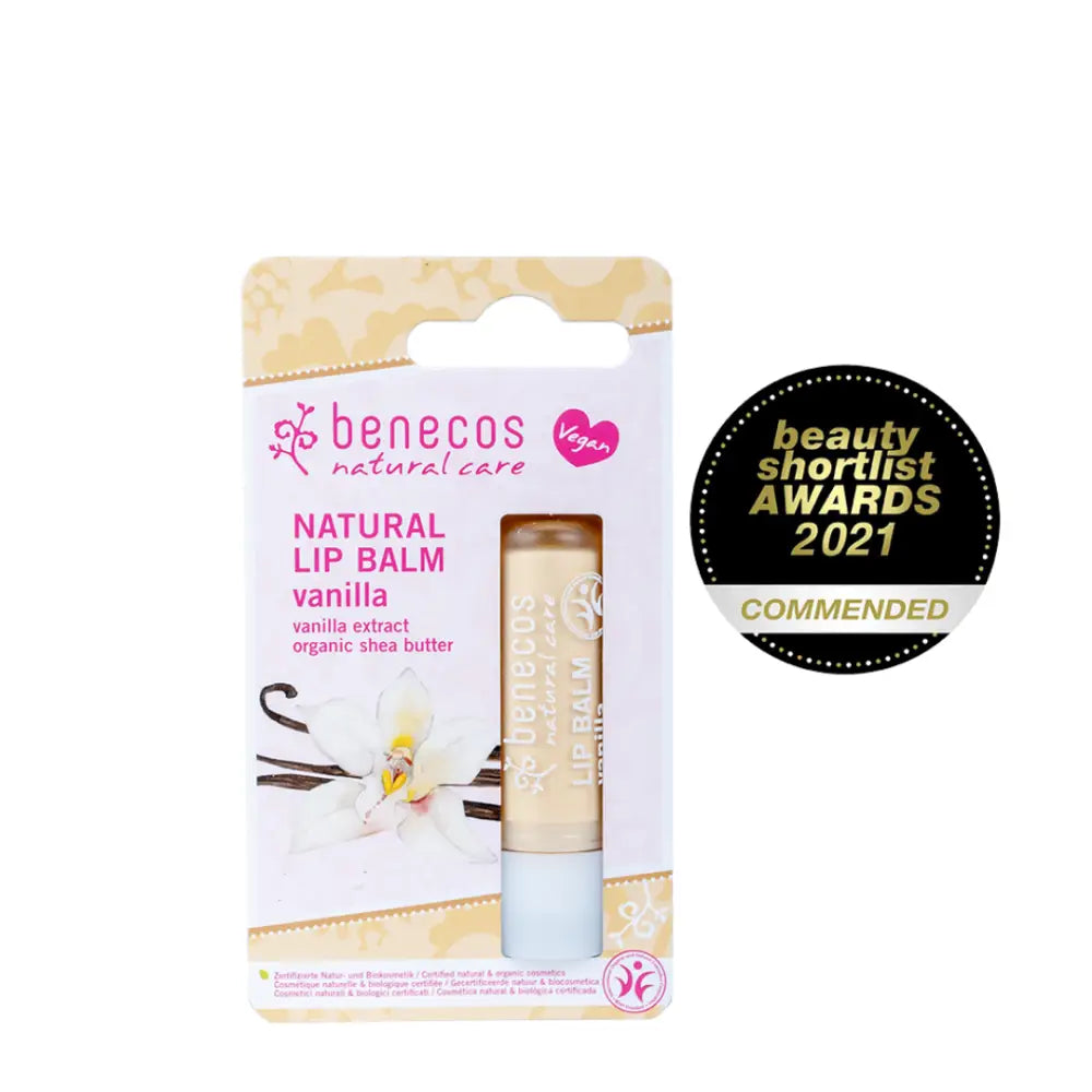 Natural vanilla lip balm with an award commendation badge.