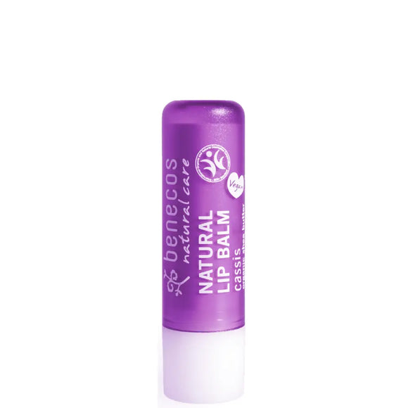 Purple cylindrical lip balm with white text and cap.
