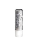 Silver and white lip balm tube with natural product labeling.