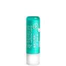 Turquoise-colored natural lip balm tube with white base.