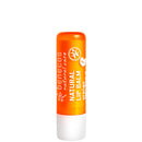Orange-colored natural lip balm in a cylindrical tube with white base.