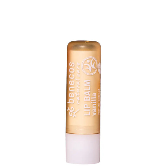 Peach-colored lip balm tube with white base.
