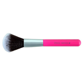 Pink-handled makeup powder brush with black bristles and silver ferrule.