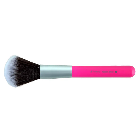Pink-handled makeup powder brush with black bristles and silver ferrule.