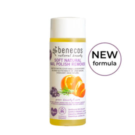 Benecos natural nail polish remover bottle with orange and lavender ingredients.