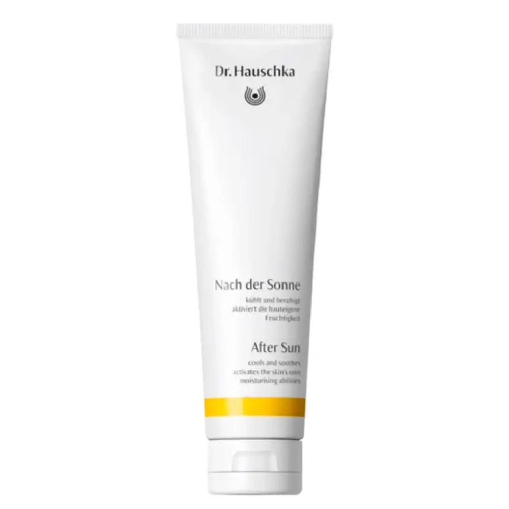 White tube of Dr. Hauschka After Sun lotion with yellow accent stripes.