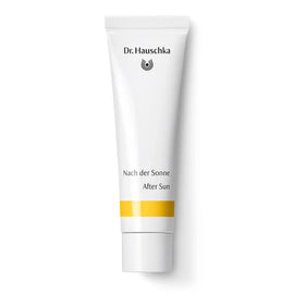 White tube of Dr. Hauschka After Sun cream with yellow accent stripes.