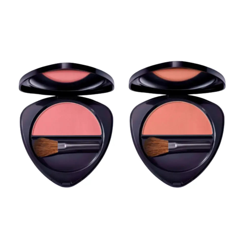 Two makeup compacts containing blush with application brushes.