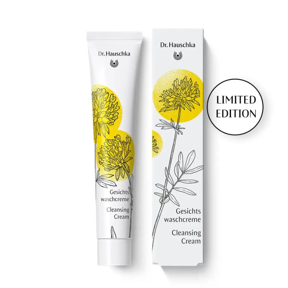 Dr. Hauschka limited edition cleansing cream with yellow floral artwork on white packaging.