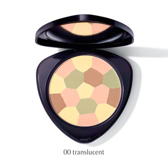 Open compact of color-correcting face powder.