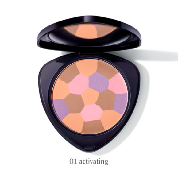 Open compact of multicolored face powder.