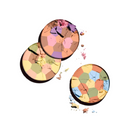 Three multi-colored pressed powder compacts.