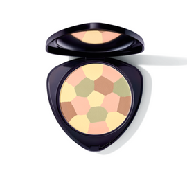 Open compact of multicolored face powder.