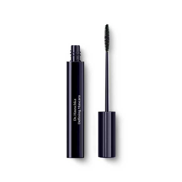 Open tube of dark blue mascara with wand.