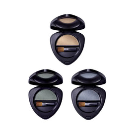 Three teardrop-shaped eyeshadow compacts in neutral shades with application brushes.