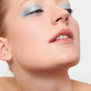 Close-up beauty shot featuring pale blue eyeshadow and glossy red lips.