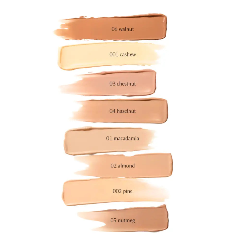 Color swatches of various nude and beige makeup foundation shades labeled with nut-inspired names.