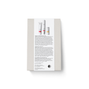 Red and white skincare product set with pump bottles.