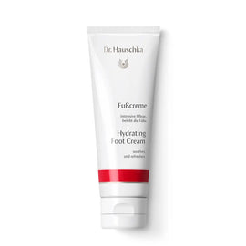 White tube of Dr. Hauschka Hydrating Foot Cream with red accent stripe.
