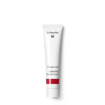 White hand cream tube with red stripe.