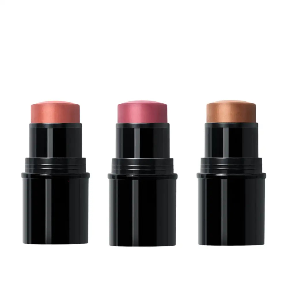 Three black cream makeup sticks in different shades of pink and bronze.