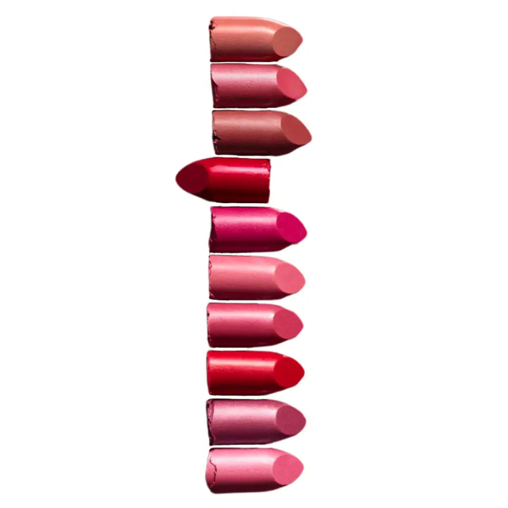 Vertical line of lipsticks in various shades of pink and red.