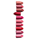 Vertical line of lipsticks in various shades of pink and red.