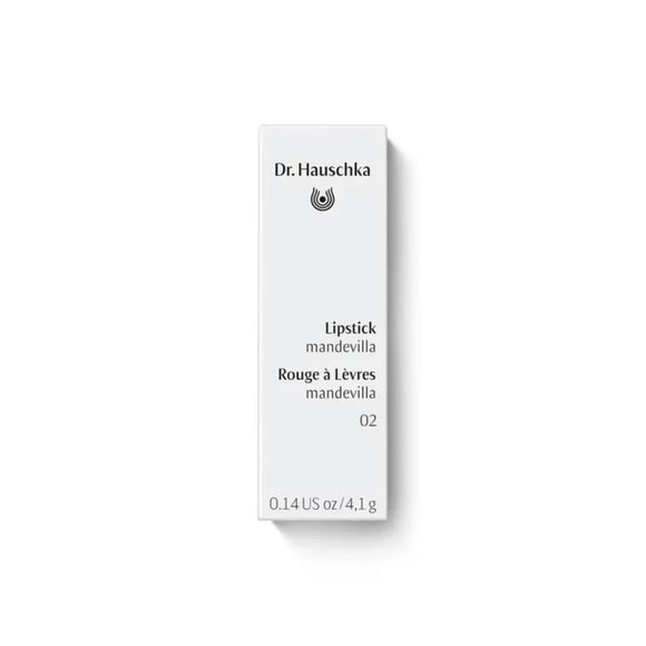 White Dr. Hauschka lipstick box labeled ’mandevilla 02’’ in French and English.