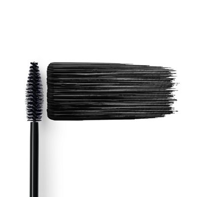 A black mascara wand and a thick, horizontal swipe of black mascara.