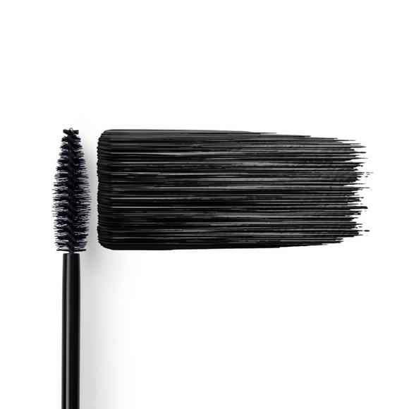 A black mascara wand and a thick, horizontal swipe of black mascara.