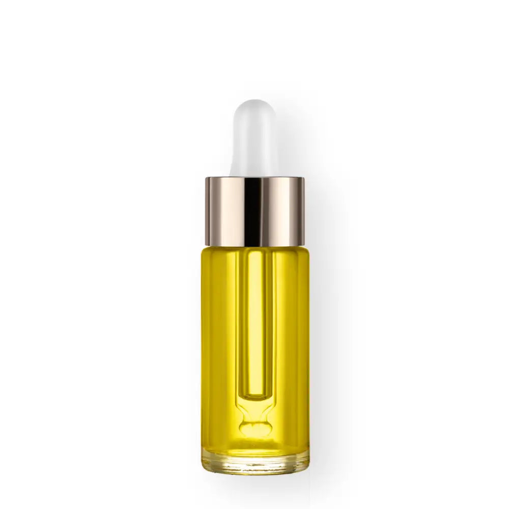 Glass dropper bottle containing yellow oil with a metallic silver cap.