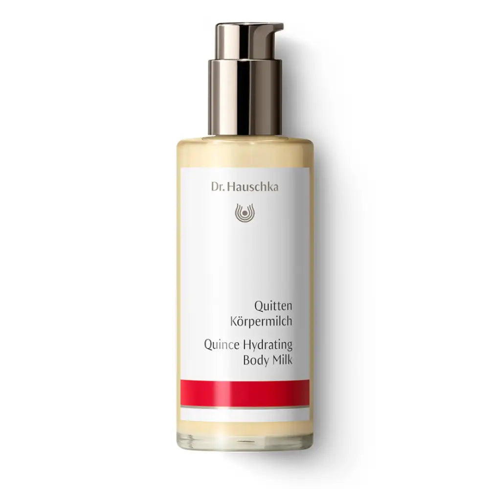 Dr. Hauschka Quince Hydrating Body Milk in a glass bottle with a pump dispenser.