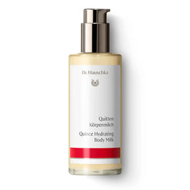 Dr. Hauschka Quince Hydrating Body Milk in a glass bottle with a pump dispenser.