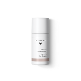 White cylindrical bottle of Dr. Hauschka Eye Cream.