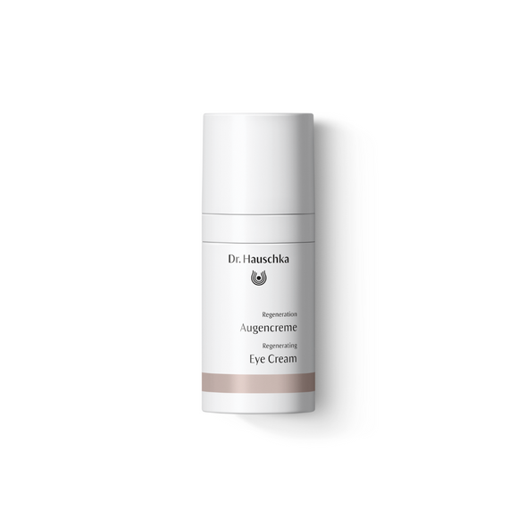 White cylindrical bottle of Dr. Hauschka Eye Cream.