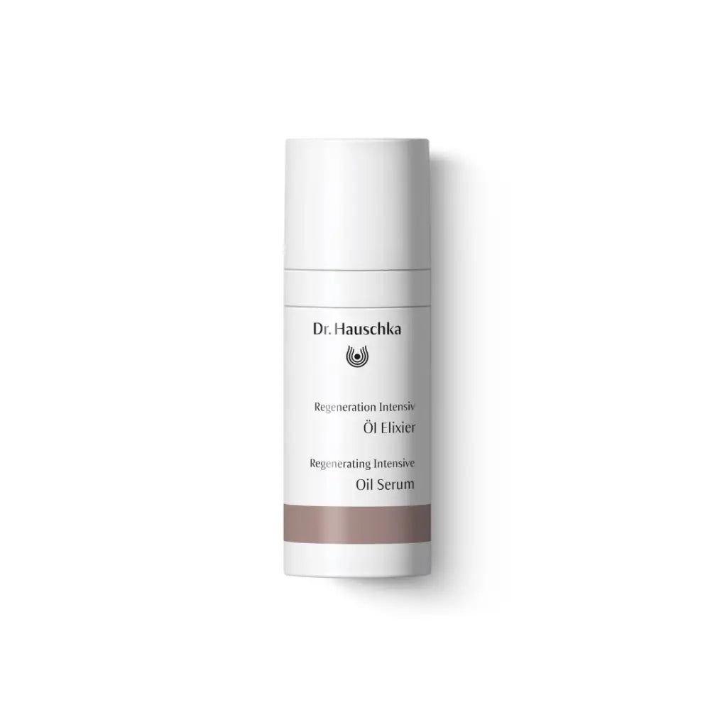 White cylindrical bottle of Dr. Hauschka rejuvenating oil serum.