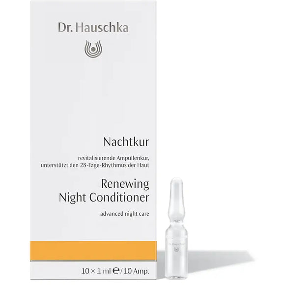 Dr. Hauschka Renewing Night Conditioner ampoules in a white and orange retail package.