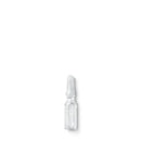 Clear glass medical ampule containing liquid.