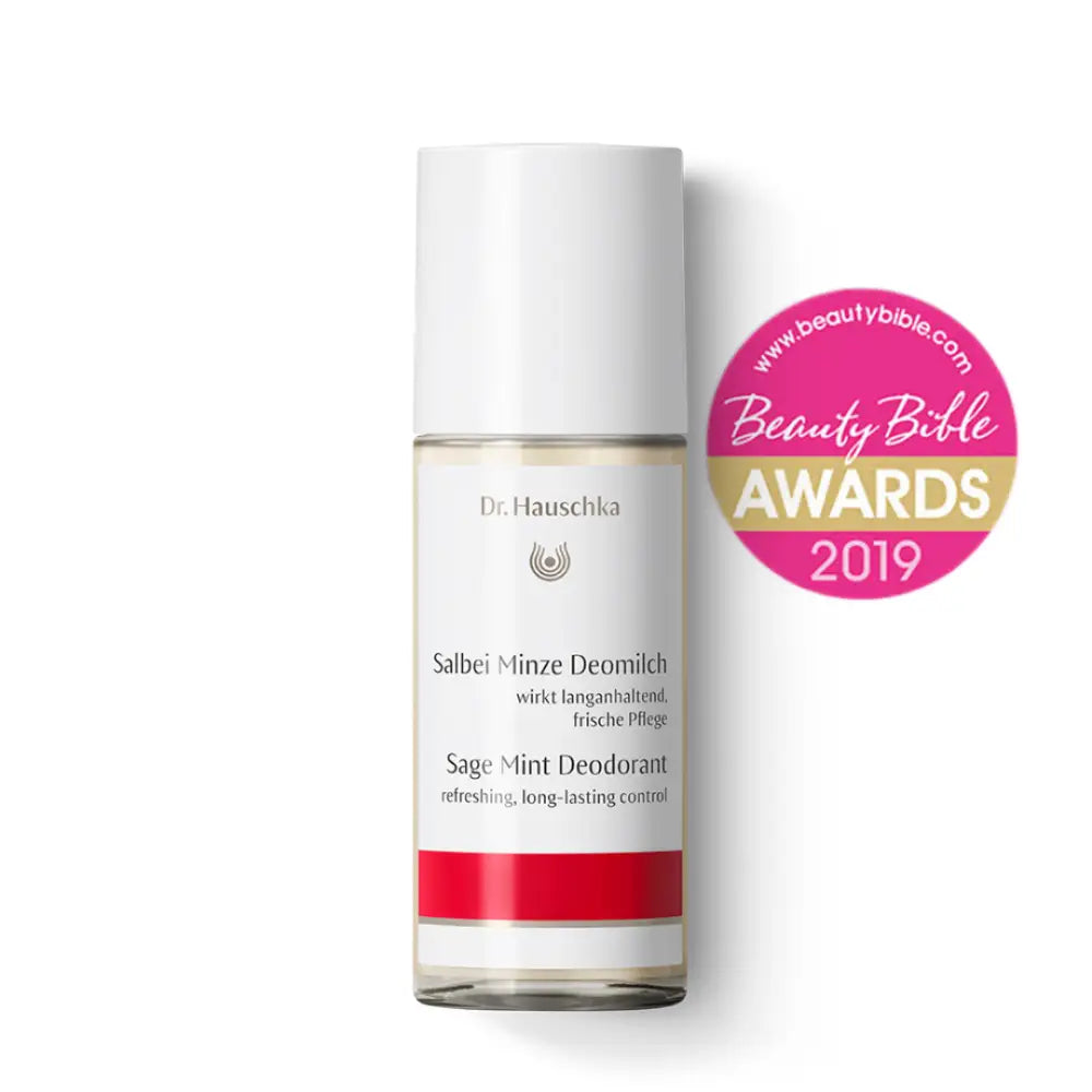 White bottle of Dr. Hauschka Sage Mint deodorant with a pink award badge.