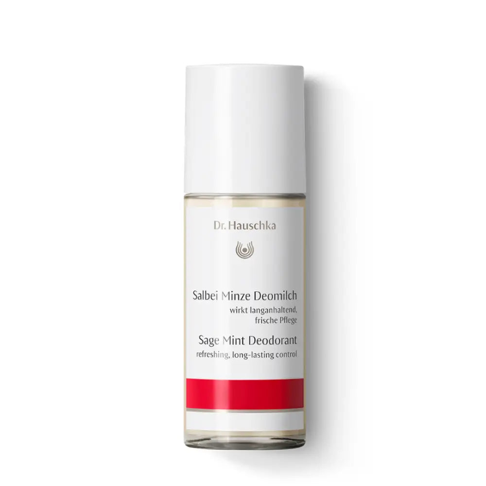 White bottle of Dr. Hauschka Sage-Mint deodorant with a red band near the bottom.