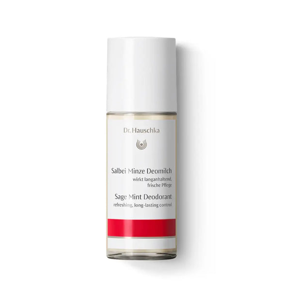 White bottle of Dr. Hauschka Sage-Mint deodorant with a red band near the bottom.